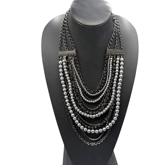 Rhinestone Gray Beaded Layered Multi-Strand Chain Necklace Silver Tone - Picture 1 of 5